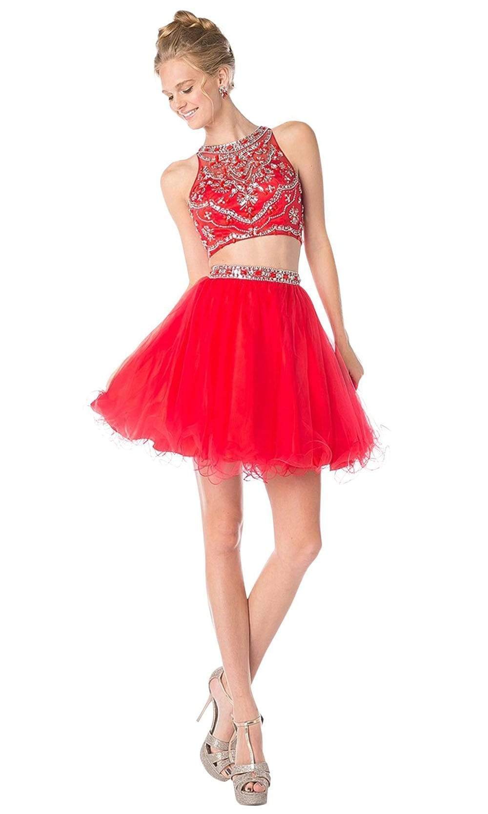 Cinderella Divine - Two-Piece Crystal Ornate Illusion A-Line Dress Special Occasion Dress 2 / Red