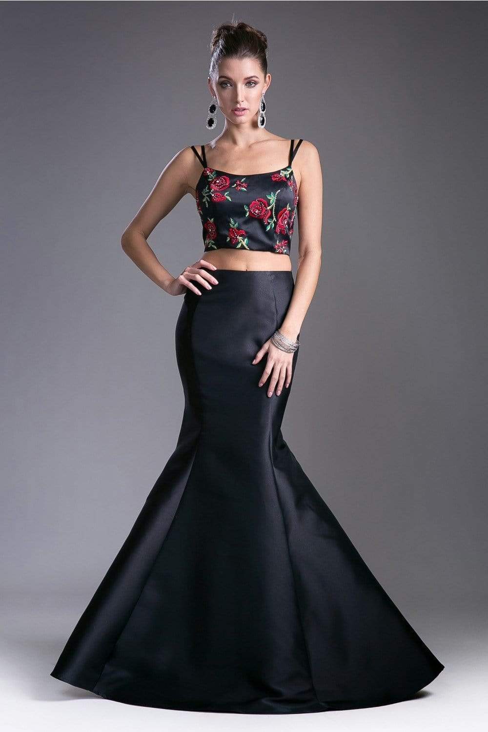 Cinderella Divine - Two Piece Floral Mermaid Evening Dress Special Occasion Dress 2 / Black