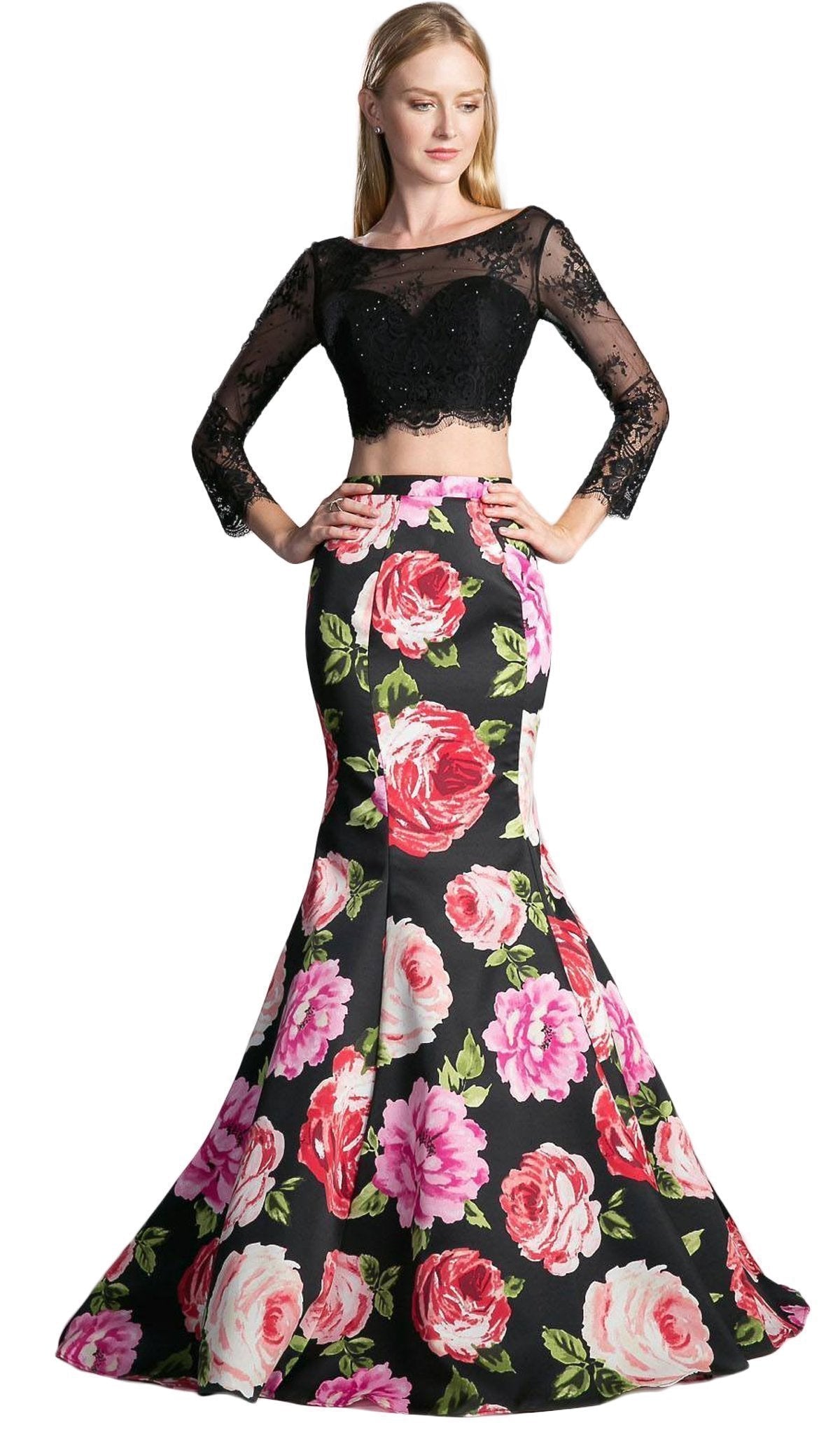 Cinderella Divine - Two Piece Lace Floral Mermaid Evening Dress Special Occasion Dress 2 / Black Print