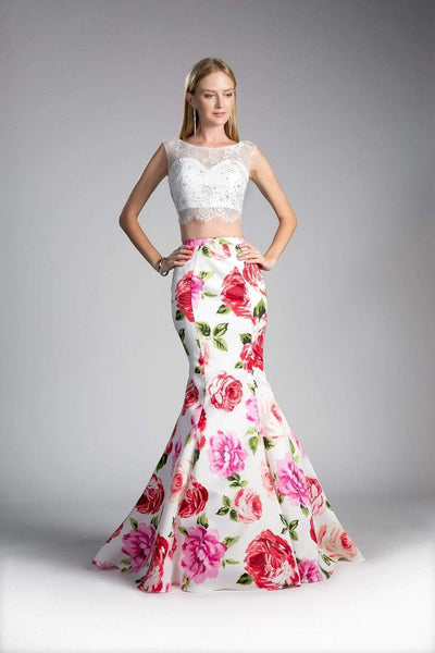 Ladivine - Two Piece Lace Floral Mermaid Evening Dress Special Occasion Dress 2 / White Print