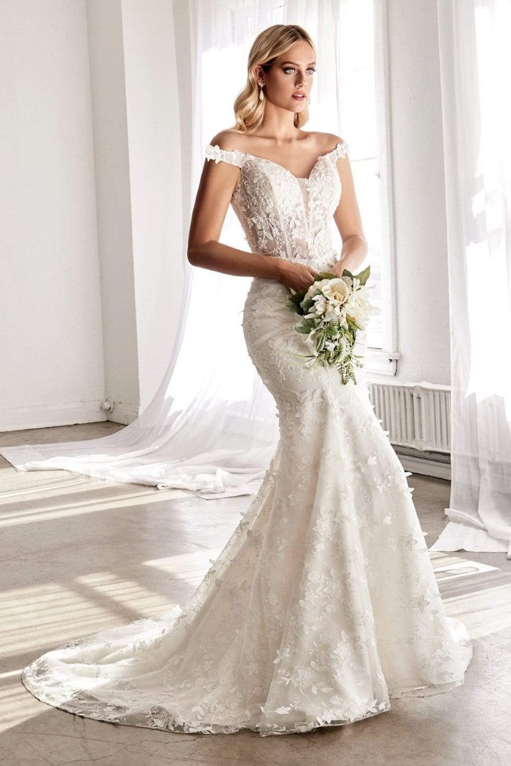 Cinderella Divine - TY01 Floral Applique Deep V-neck Trumpet Gown Wedding Dresses
