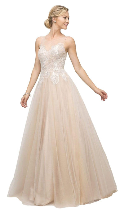 Ladivine - UE009 Illusion Neckline Lace Bodice Tulle Gown Bridesmaid Dresses 4 / Champagne