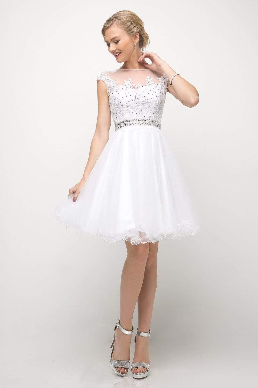 Cinderella Divine - UJ0012 Illusion Shoulders Ruffled Hem Cocktail Dress Special Occasion Dress