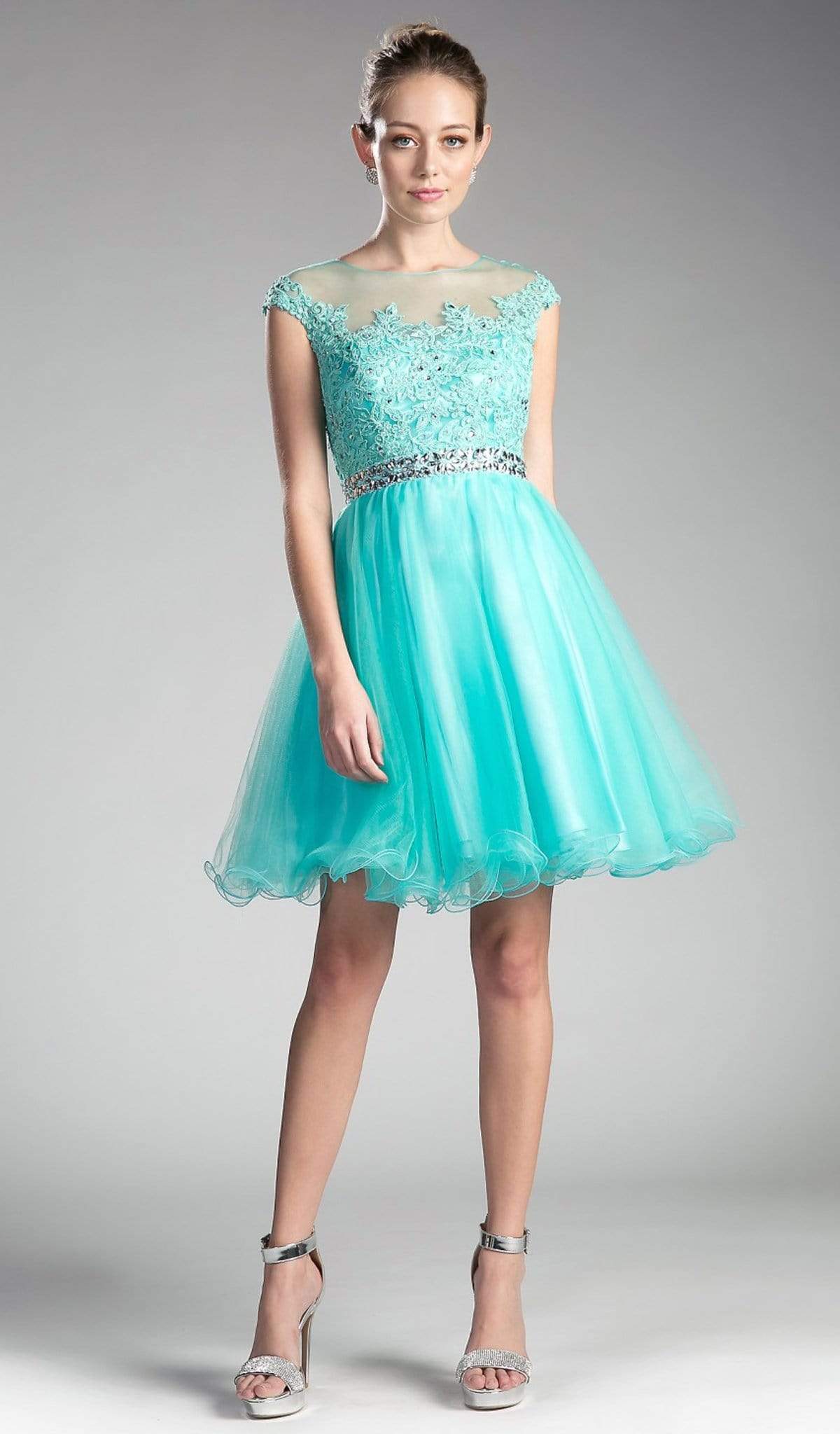 Cinderella Divine - UJ0012 Illusion Shoulders Ruffled Hem Cocktail Dress Special Occasion Dress XXS / Mint