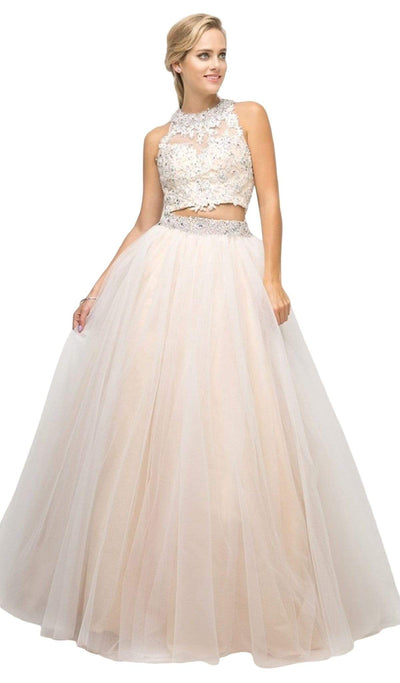 Cinderella Divine - UM078 Appliqued Crisscross Strapped Two-Piece Gown Special Occasion Dress 2 / Champagne