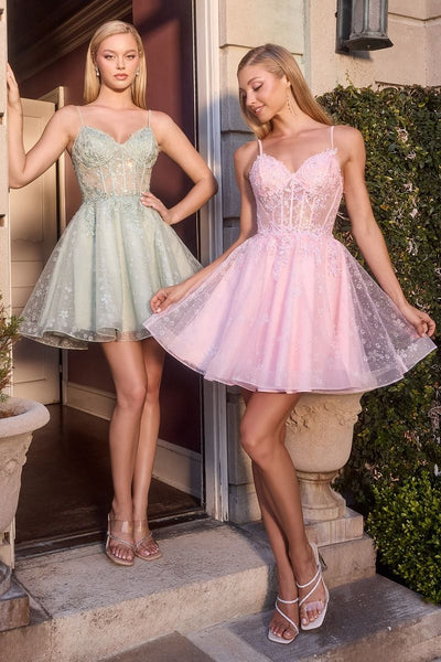 Ladivine CJ419 - Short Applique Sweetheart Corset Dress In Green, and Pink