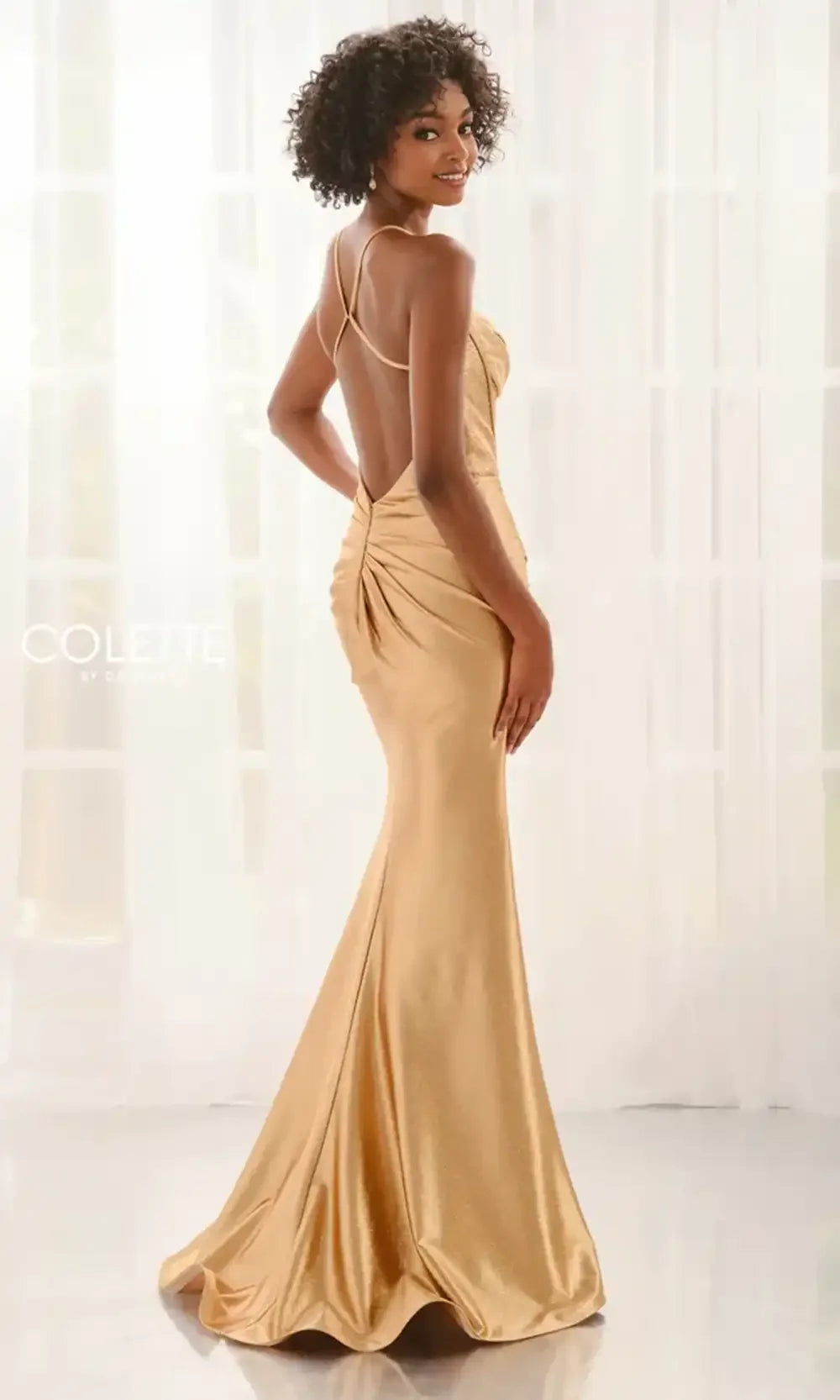 Colette CL6211 - Crisscross Back Metallic Knit Gown with Slit Prom Dresses