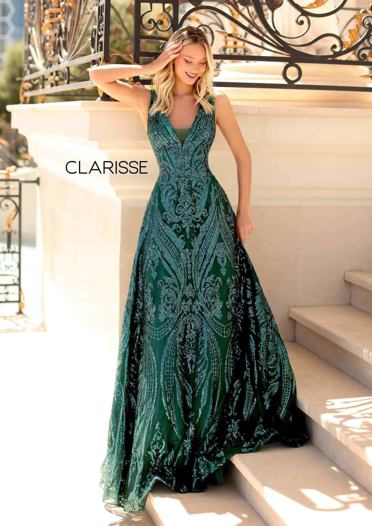 Clarisse - 5105 Plunging V-Neck Pattern-Sequined A-Line Gown Prom Dresses