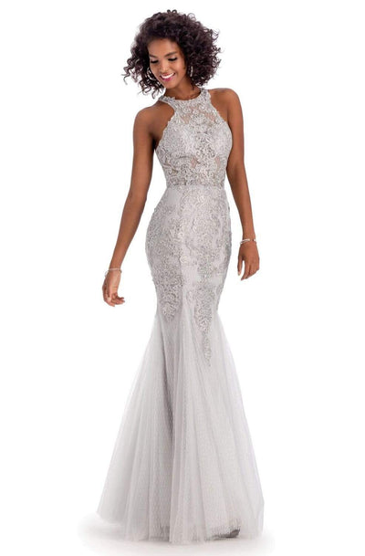 Clarisse - 8094 Beaded Lace Halter Trumpet Dress Evening Dresses 0 / Silver