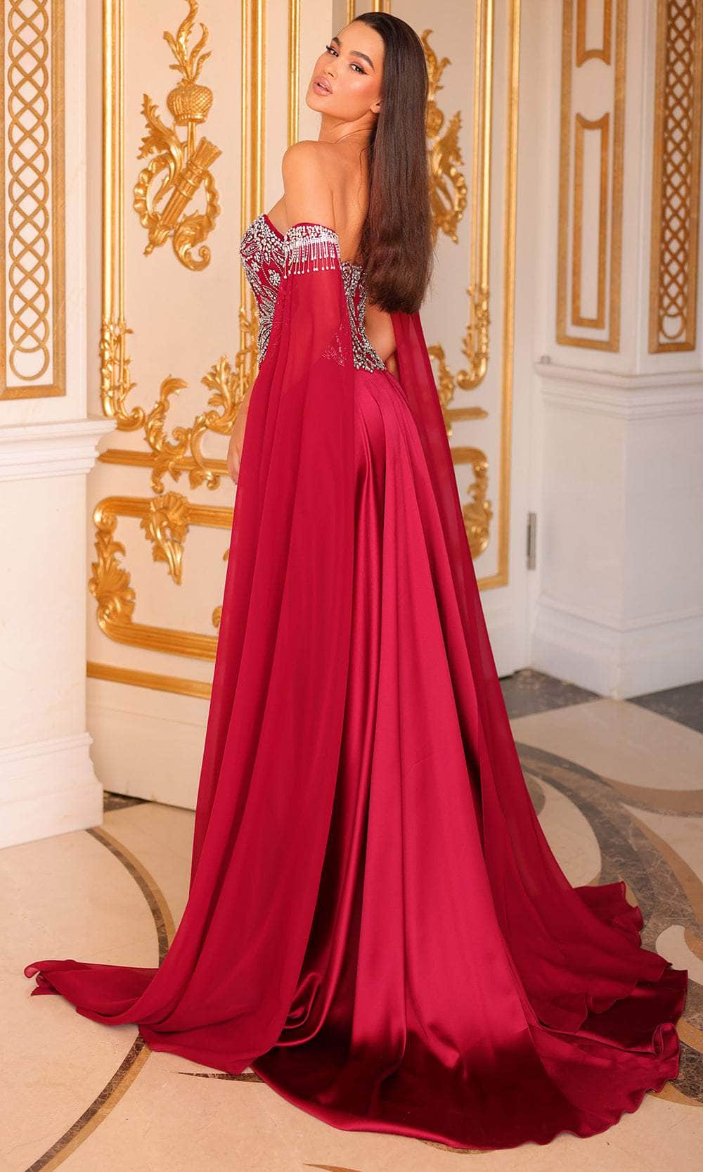 Clarisse 811172 - Long A-Line Dress - Detachable Cape Sleeveless, Crystal Beads, High Slit, Mid-Open Back, Back Zipper, Sweep Train, Fitted ADASA Clarisse 811172 - Long A-Line Dress - Detachable Cape Sleeveless, Crystal Beads, High Slit, Mid-Open Back, Back Zipper, Sweep Train, Fitted ADASA