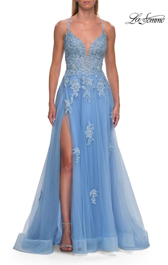 La Femme 33716 - Floral Beaded Lace-Up Back Gown with Slit Prom Dresses