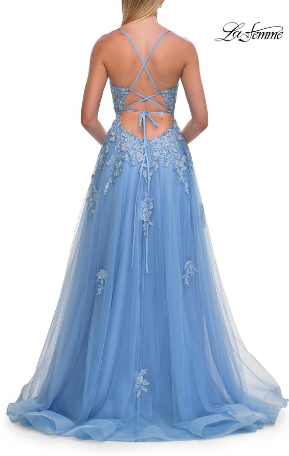 La Femme 33716 - Floral Beaded Lace-Up Back Gown with Slit Prom Dresses