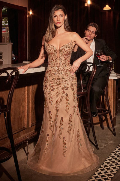 Ladivine CM382 - Strapless Floral Motif Prom Gown