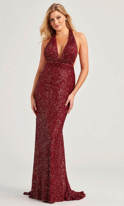 Colette By Daphne CL5115 - Sequin Halter Prom Dress Prom Dresses 00 / Wine/Gold