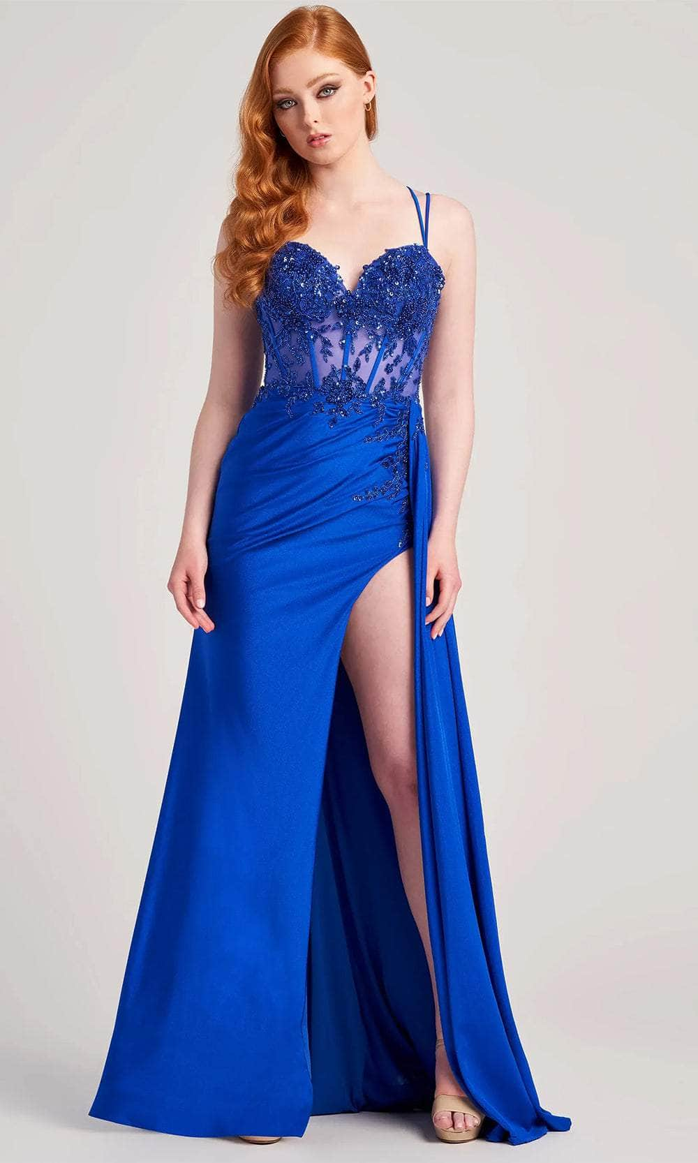 Colette By Daphne CL5138 - Sheer Corset Prom Dress with Slit Prom Dresses 00 / Royal Blue