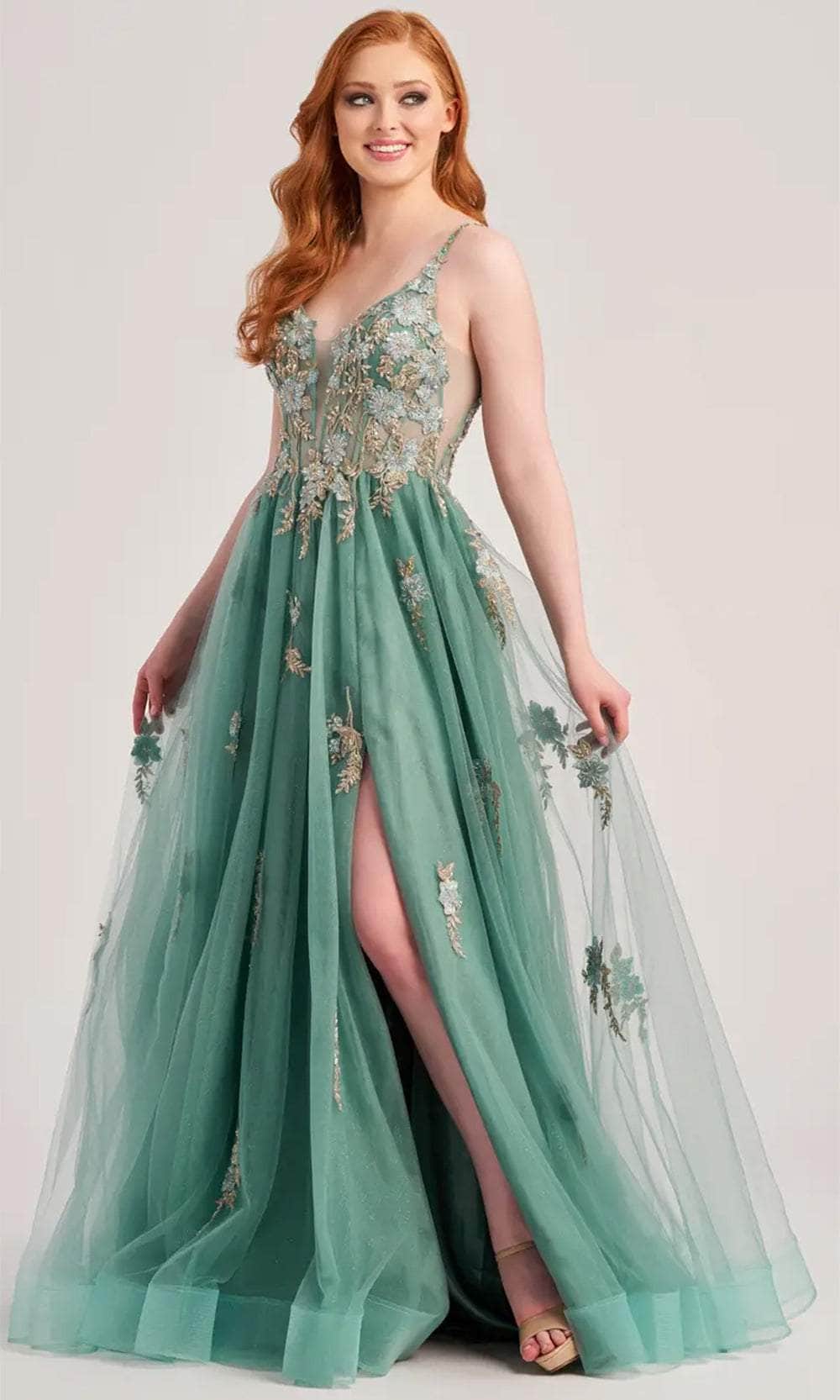 Colette By Daphne CL5143 - Lace Applique Illusion Prom Dress Evening Dresses 00 / Sage