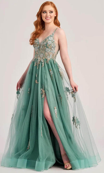 Colette By Daphne CL5143 - Lace Applique Illusion Prom Dress Evening Dresses 00 / Sage