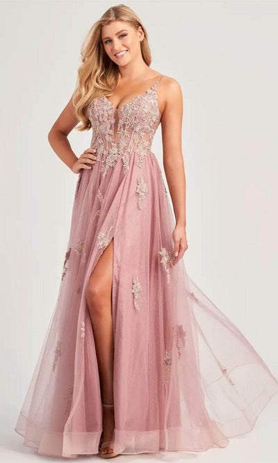 Colette By Daphne CL5143 - Lace Applique Illusion Prom Dress Evening Dresses 00 / Vintage Rose