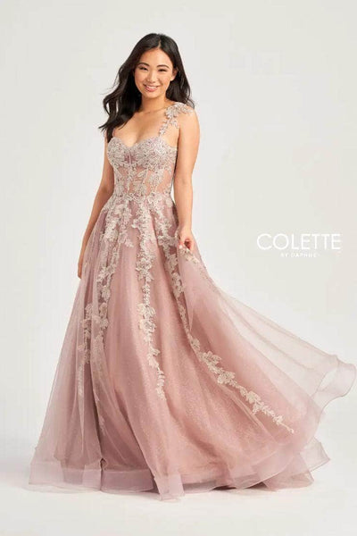 Colette By Daphne CL5165 - Applique Glitter Long Gown Prom Dresses / 00  Mauve