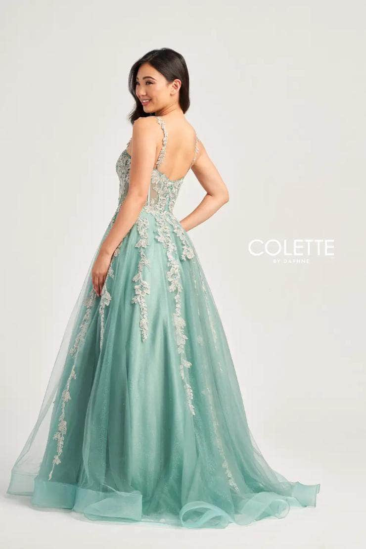 Colette By Daphne CL5165 - Applique Glitter Long Gown Prom Dresses / 00  Sage