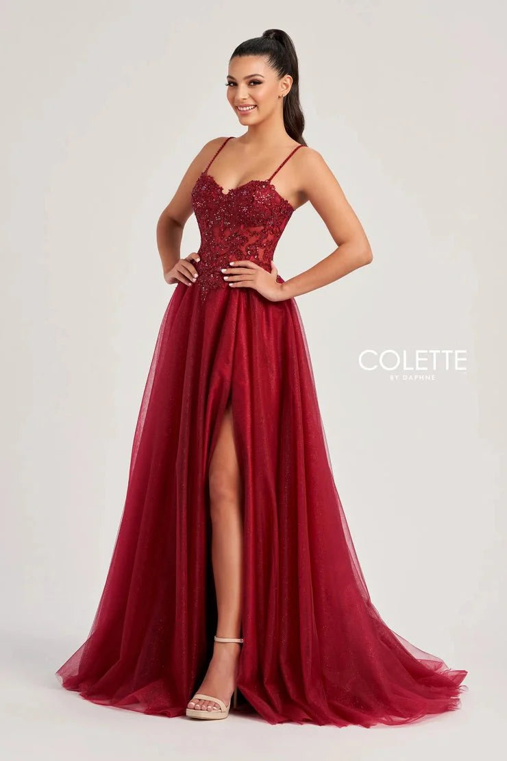 Colette By Daphne CL8280 - Spaghetti Strap Tulle Gown Prom Dresses / 00  Burgundy