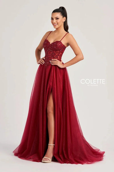 Colette By Daphne CL8280 - Spaghetti Strap Tulle Gown Prom Dresses / 00  Burgundy