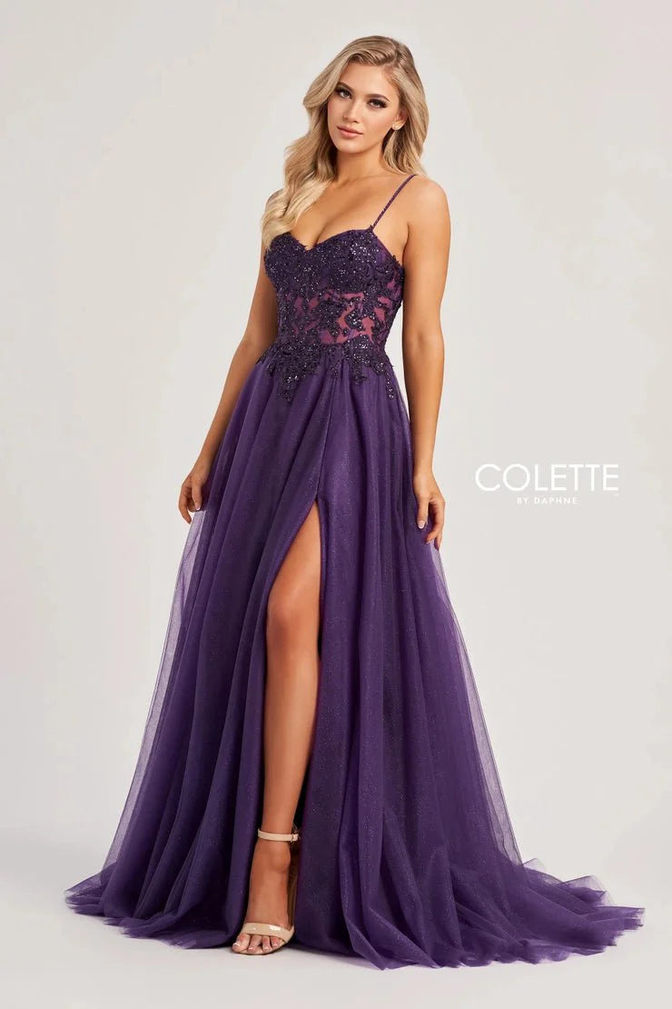 Colette By Daphne CL8280 - Spaghetti Strap Tulle Gown Prom Dresses / 00  Plum