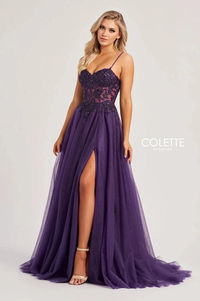 Colette By Daphne CL8280 - Spaghetti Strap Tulle Gown Prom Dresses / 00  Plum