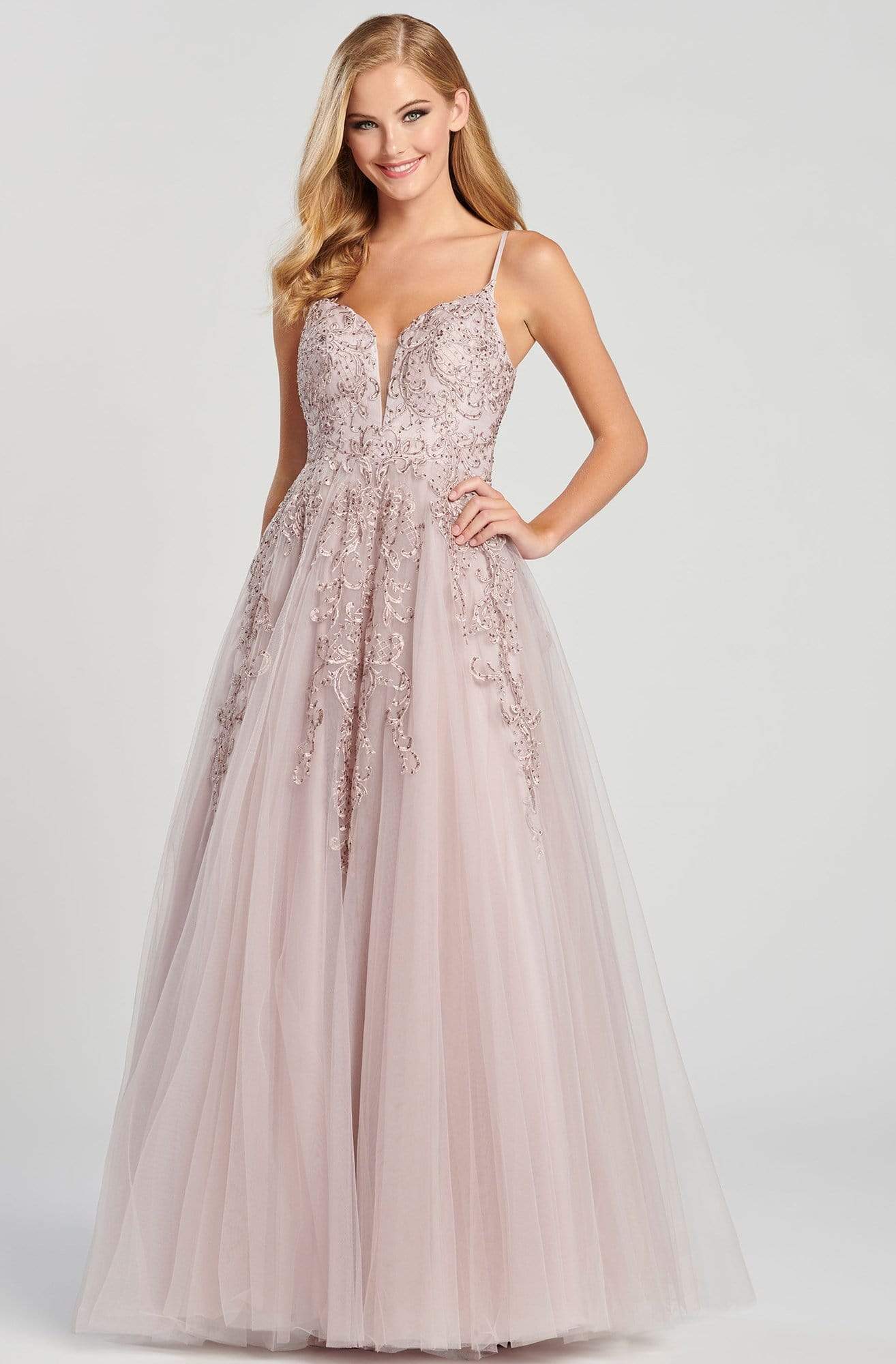 Colette for Mon Cheri - CL12042 Beaded Lace V Neck Tulle A-Line Gown Prom Dresses 0 / Vintage Lila