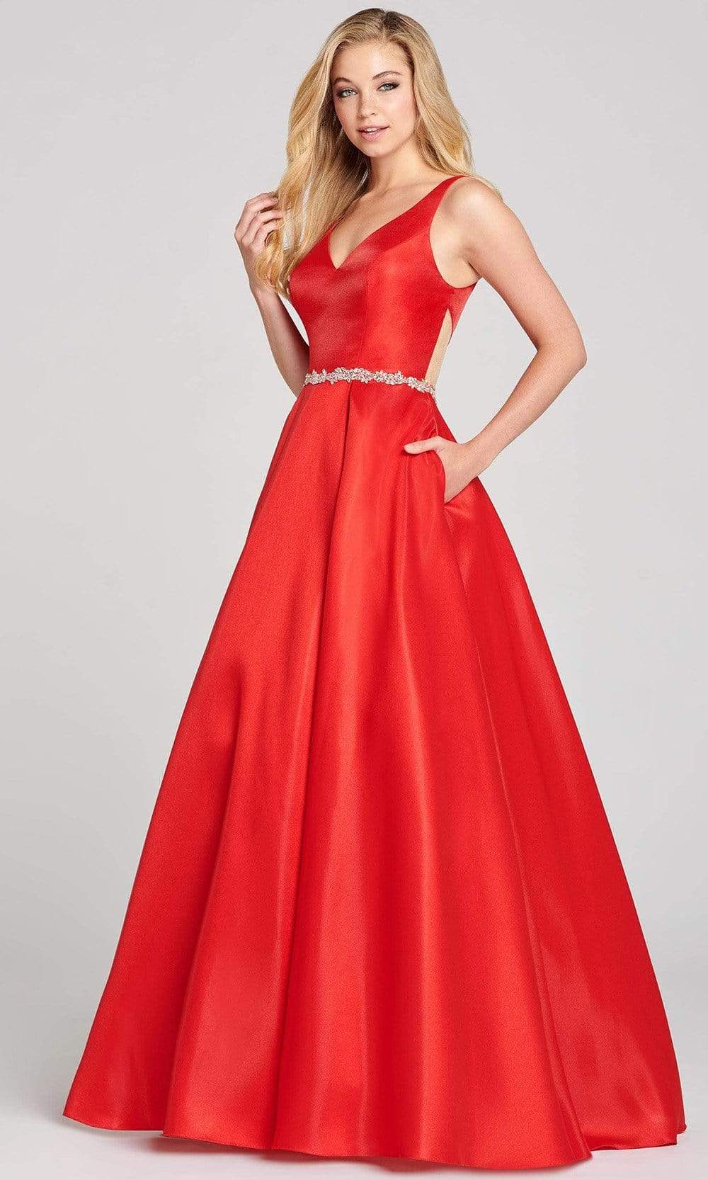 Colette for Mon Cheri - CL12131 Sleek Bejeweled Waist A-Line Gown Prom Dresses 00 / Candy Apple