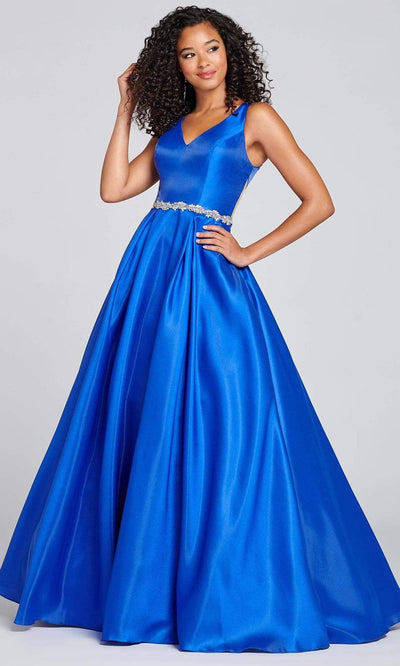 Colette for Mon Cheri - CL12131 Sleek Bejeweled Waist A-Line Gown Prom Dresses 00 / Royal Blue