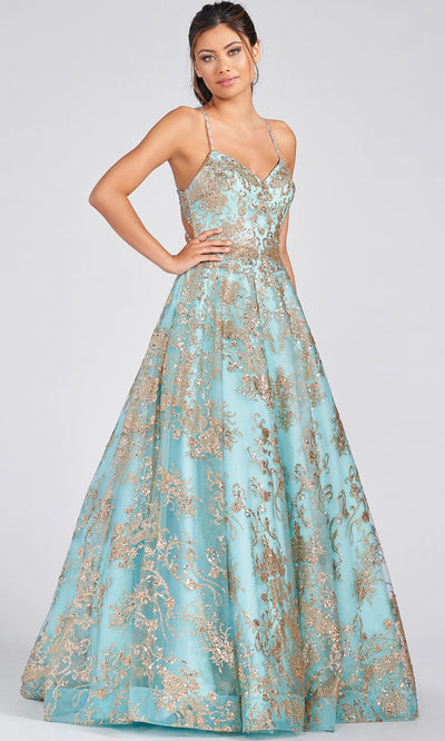Colette For Mon Cheri CL12201 - Glitter Tulle A-line Ball Gown Prom Dresses 00 / Aqua/Gold