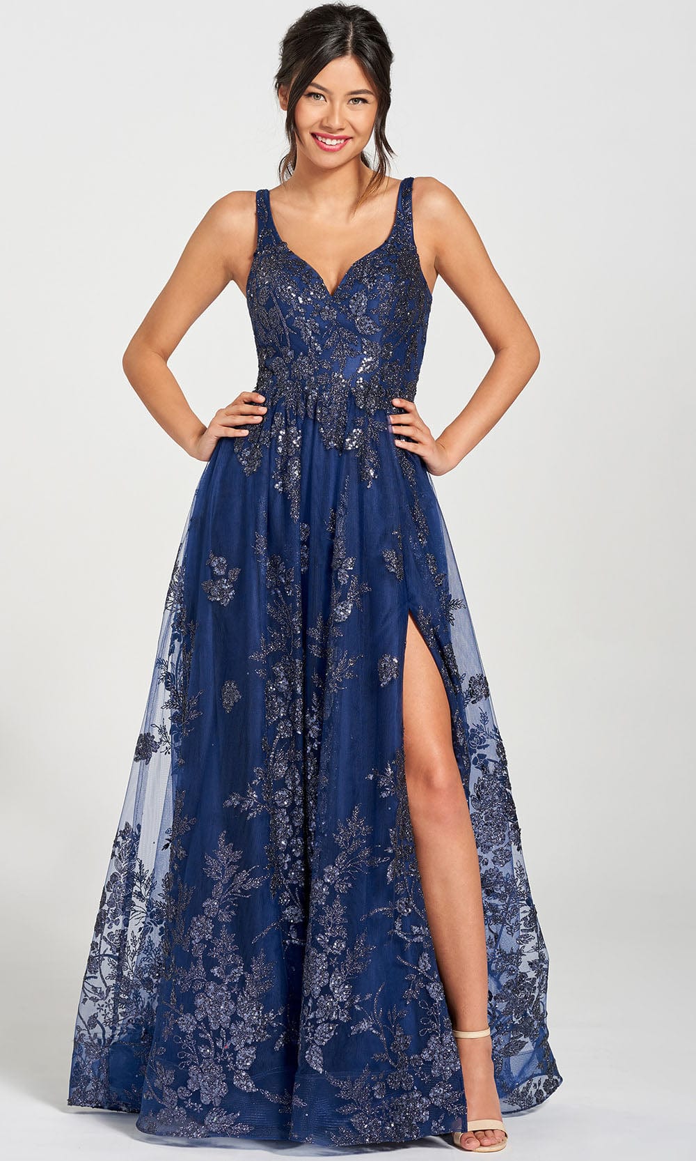 Colette For Mon Cheri CL12215 - Glitter Tulle A-line Gown Prom Dresses 00 / Navy Blue