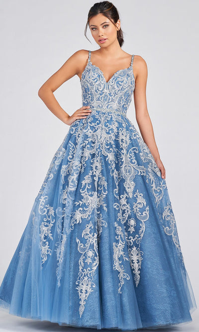 Colette For Mon Cheri CL12224 - Lace Rhinestones Tulle Ball Gown Prom Dresses 00 / Platinum/Dusty Blue