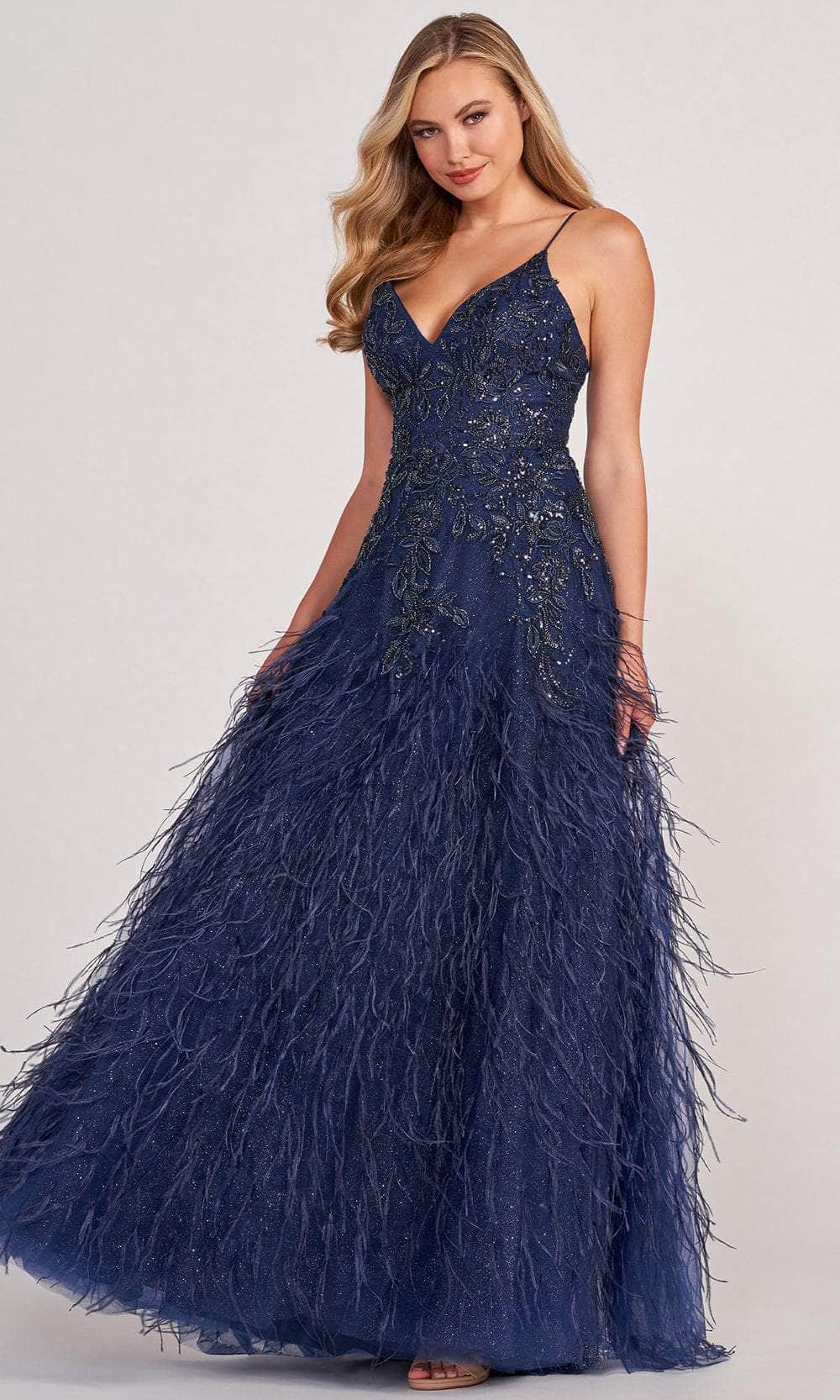 Colette for Mon Cheri CL2044 - Sleeveless Feathered Evening Dress Evening Dresses 00 / Navy