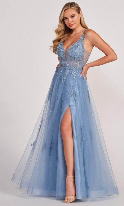 Colette for Mon Cheri CL2074 - Appliqued V-Neck Evening Dress Prom Dresses 00 / Dusty Blue