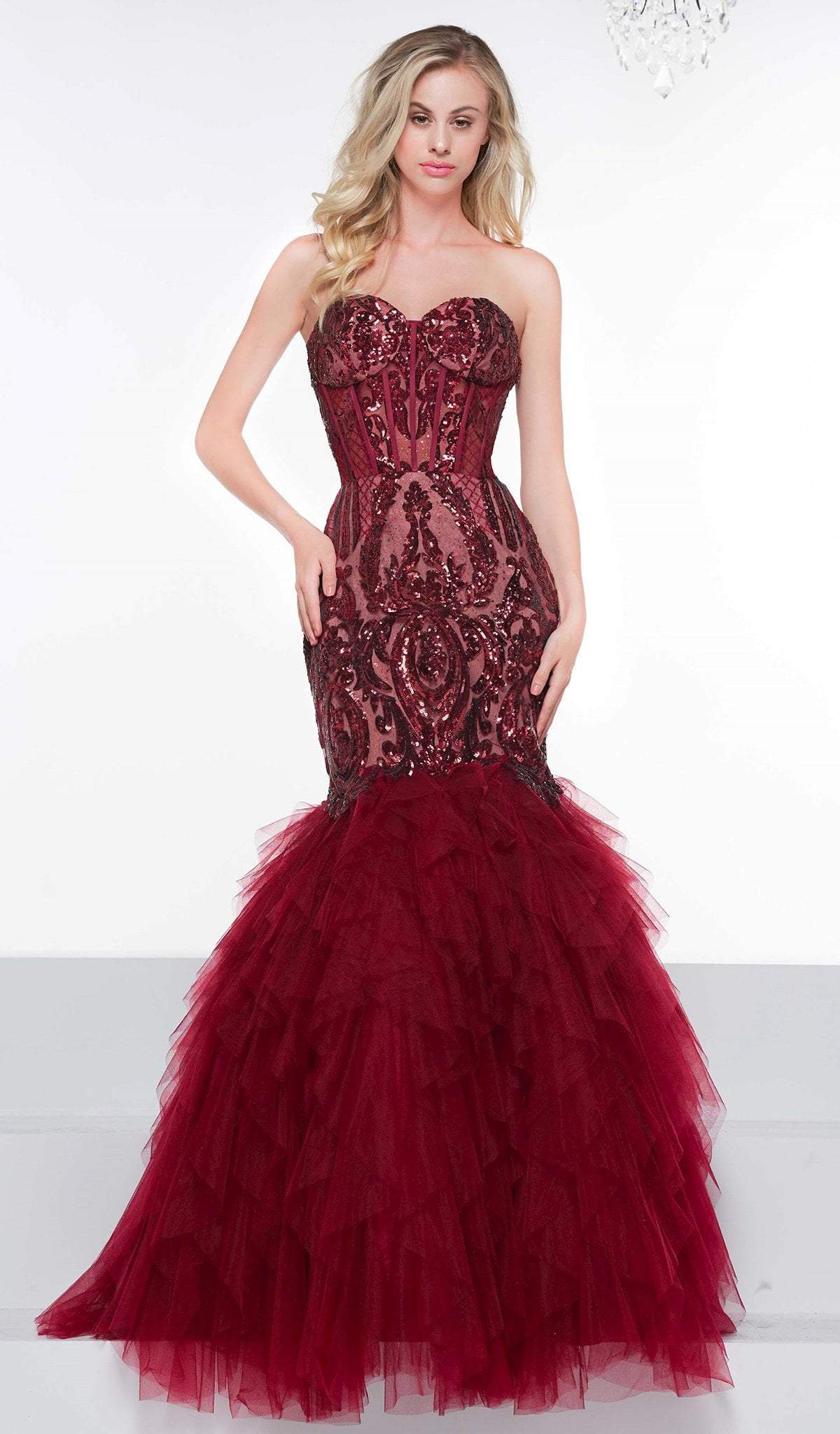 Colors Dress - 2067 Sequined Illusion Corset Tiered Gown Evening Dresses 0 / Wine/Nude