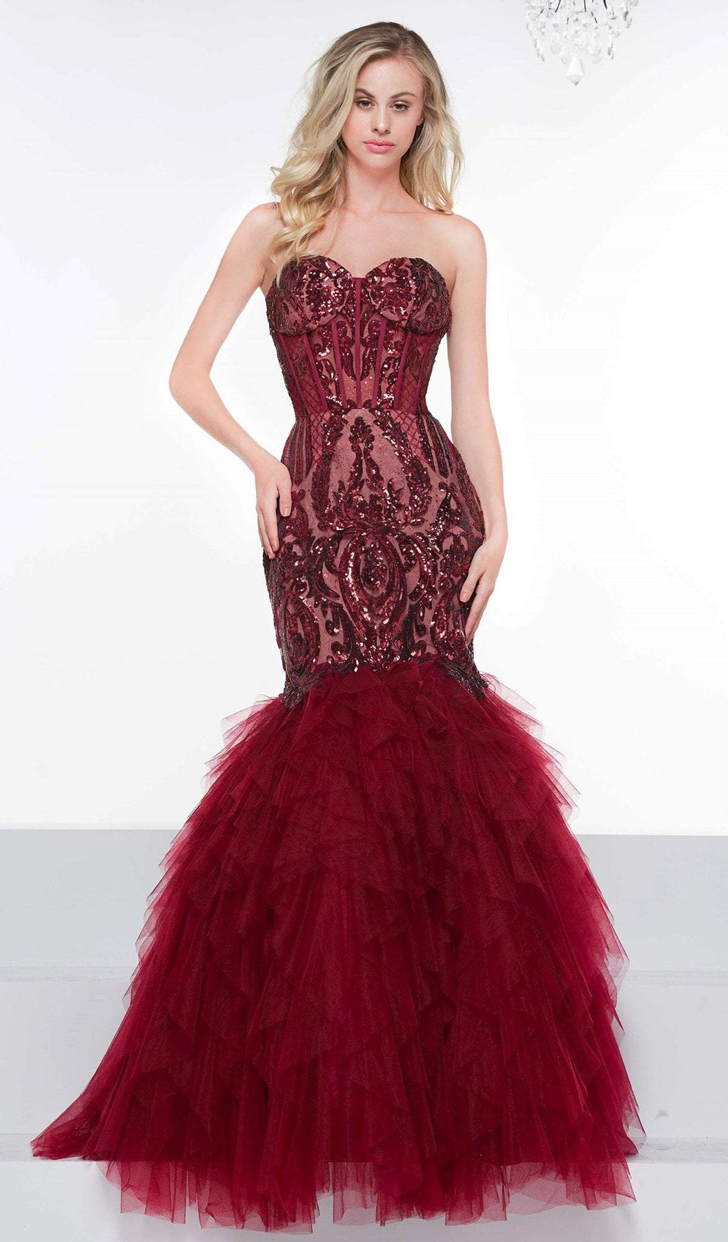Colors Dress - 2067 Sequined Illusion Corset Tiered Gown Evening Dresses 0 / Wine/Nude