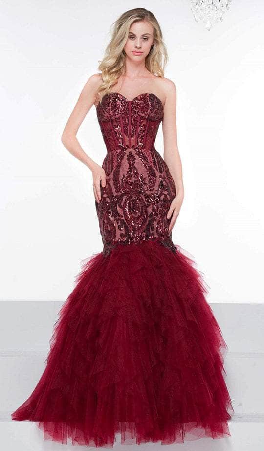 Colors Dress - 2067 Strapless Sequined Corset Trumpet Gown CCSALE 0 / Wine/Nude