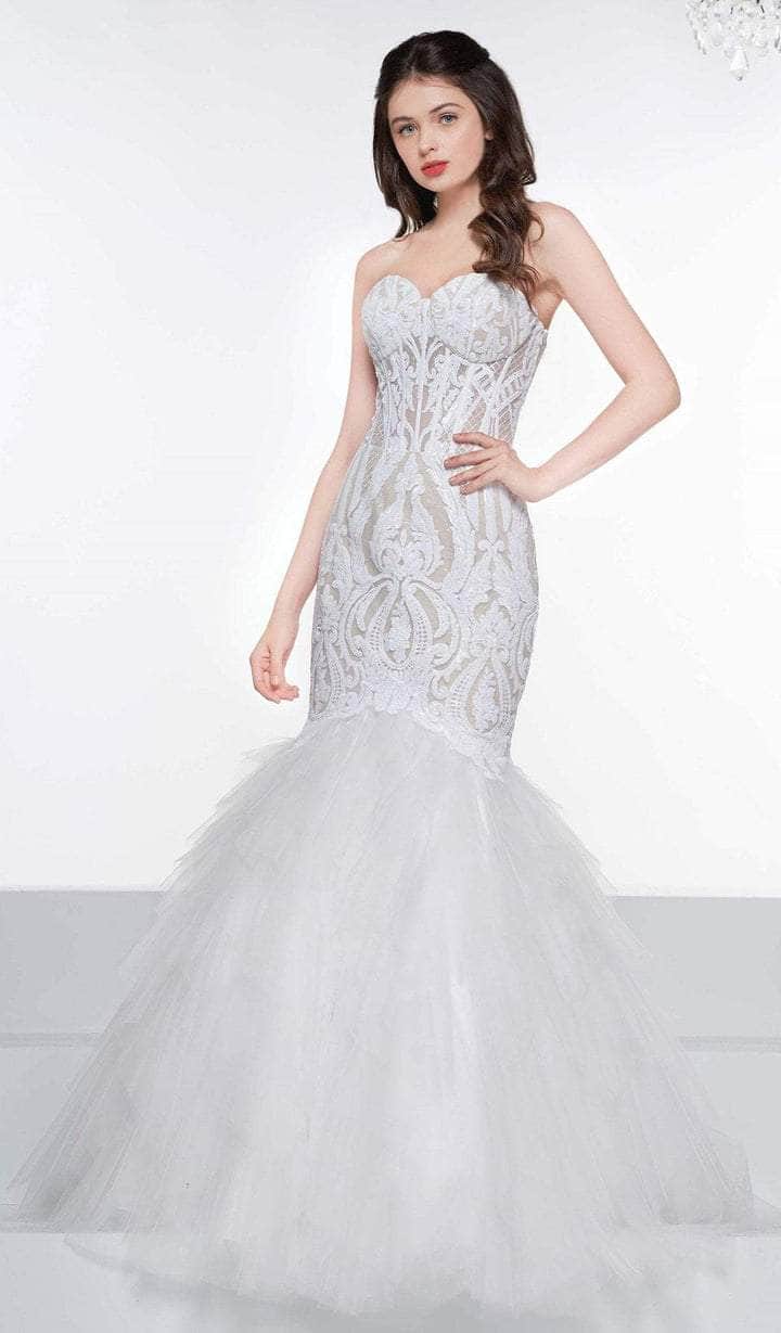 Colors Dress - 2067 Strapless Sequined Corset Trumpet Gown CCSALE 12 / Off White/Nude