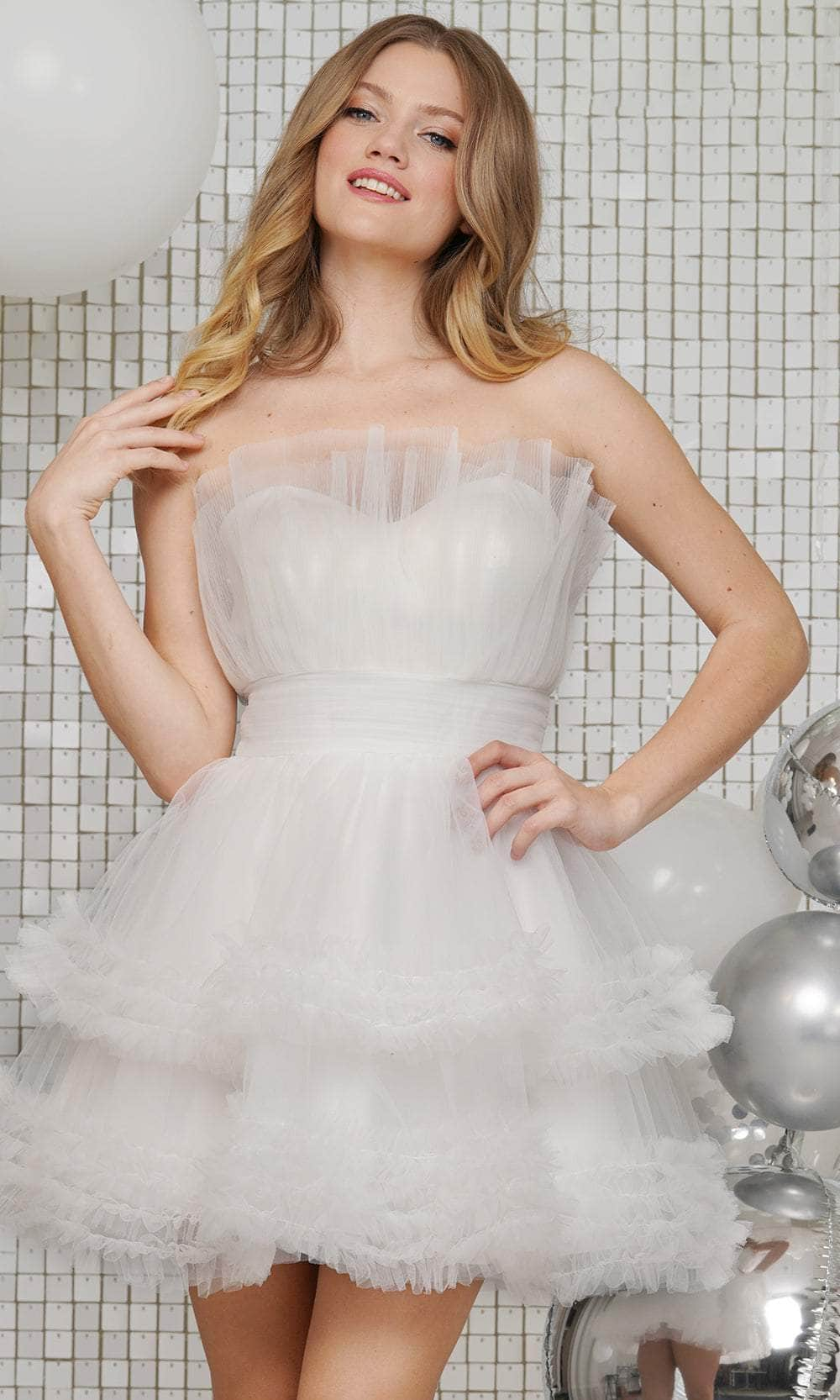 Colors Dress 3332 - Ruched Tulle Cocktail Dress Special Occasion Dresses Dresses 0 / White