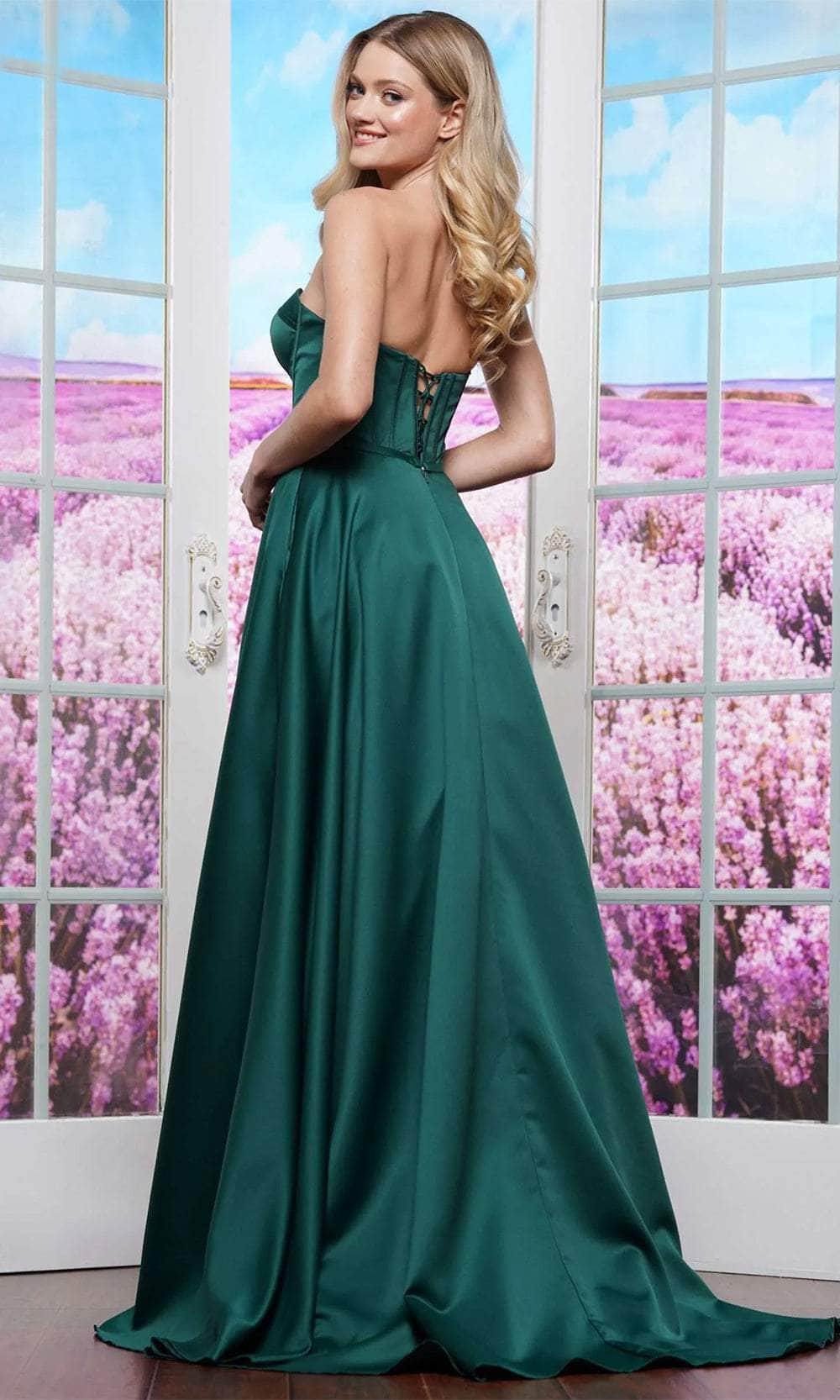 Colors Dress 3434 - Long Satin A-Line Dress - Strapless, Bustier Bodice, Corset Boning, Lace Up Back, High Slit, Sweep Train ADASA Colors Dress 3434 - Long Satin A-Line Dress - Strapless, Bustier Bodice, Corset Boning, Lace Up Back, High Slit, Sweep Train ADASA