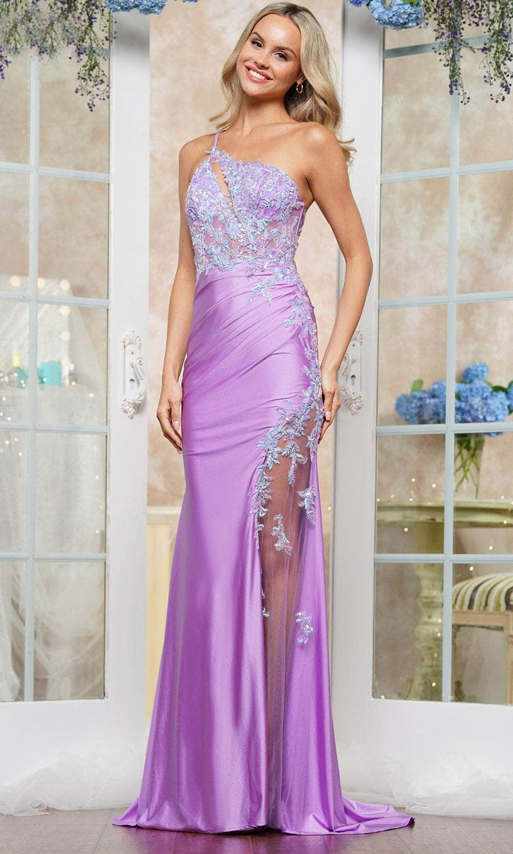 Colors Dress 3513 - Asymmetric Lace Appliqued Prom Gown Prom Dresses