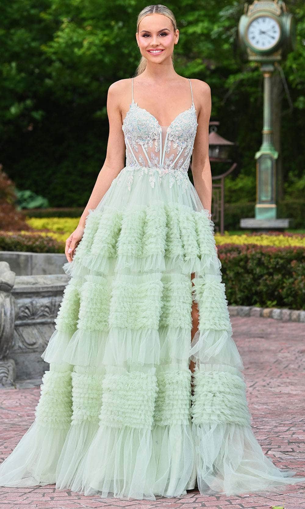 Colors Dress 3515 - Long Mesh Ballgown Dress - See-Through Corset, Spaghetti Straps, Sequin, Lace Appliqued, Ruffles, High Slit, Lace-Up Back, Sweep Train ADASA Colors Dress 3515 - Long Mesh Ballgown Dress - See-Through Corset, Spaghetti Straps, Sequin, Lace Appliqued, Ruffles, High Slit, Lace-Up Back, Sweep Train ADASA