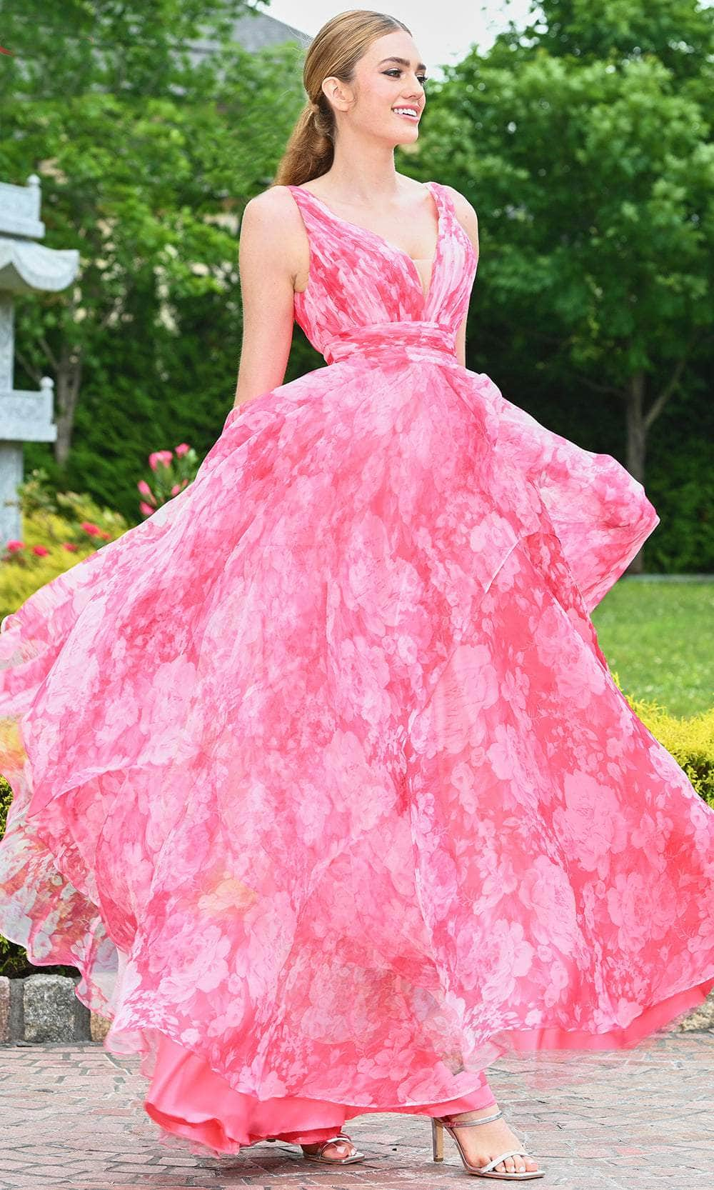 Colors Dress 3545 - V-Neck Floral Printed Prom Gown Prom Dresses