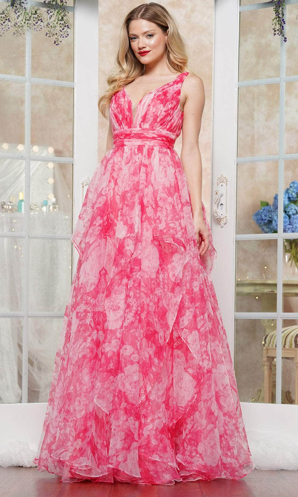 Colors Dress 3545 - V-Neck Floral Printed Prom Gown Prom Dresses