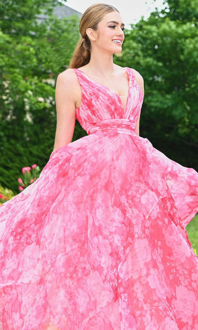 Colors Dress 3545 - V-Neck Floral Printed Prom Gown Prom Dresses