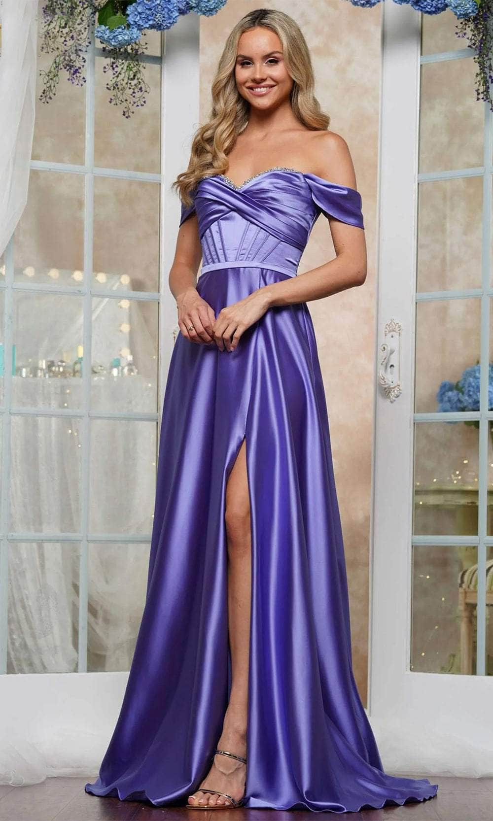 Colors Dress 3606 - Long Stretch satin A-Line Dress - Draped Sleeves, Pleated Accents, Corset Boning, Lace Up Back, Inset Waistband, High Slit, Sweep Colors Dress 3606 - Long Stretch satin A-Line Dress - Draped Sleeves, Pleated Accents, Corset Boning, Lace Up Back, Inset Waistband, High Slit, Sweep