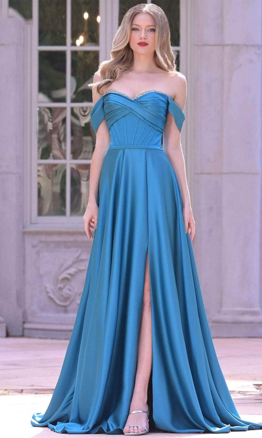 Colors Dress 3606 - Jewel Trimmed Off Shoulder Dress Evening Dresses