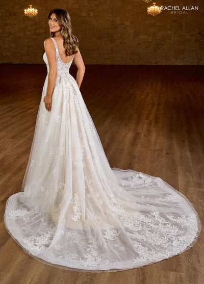Rachel Allan RB4186 - Scoop Neck Embroidered Gown with Slit Wedding Dresses